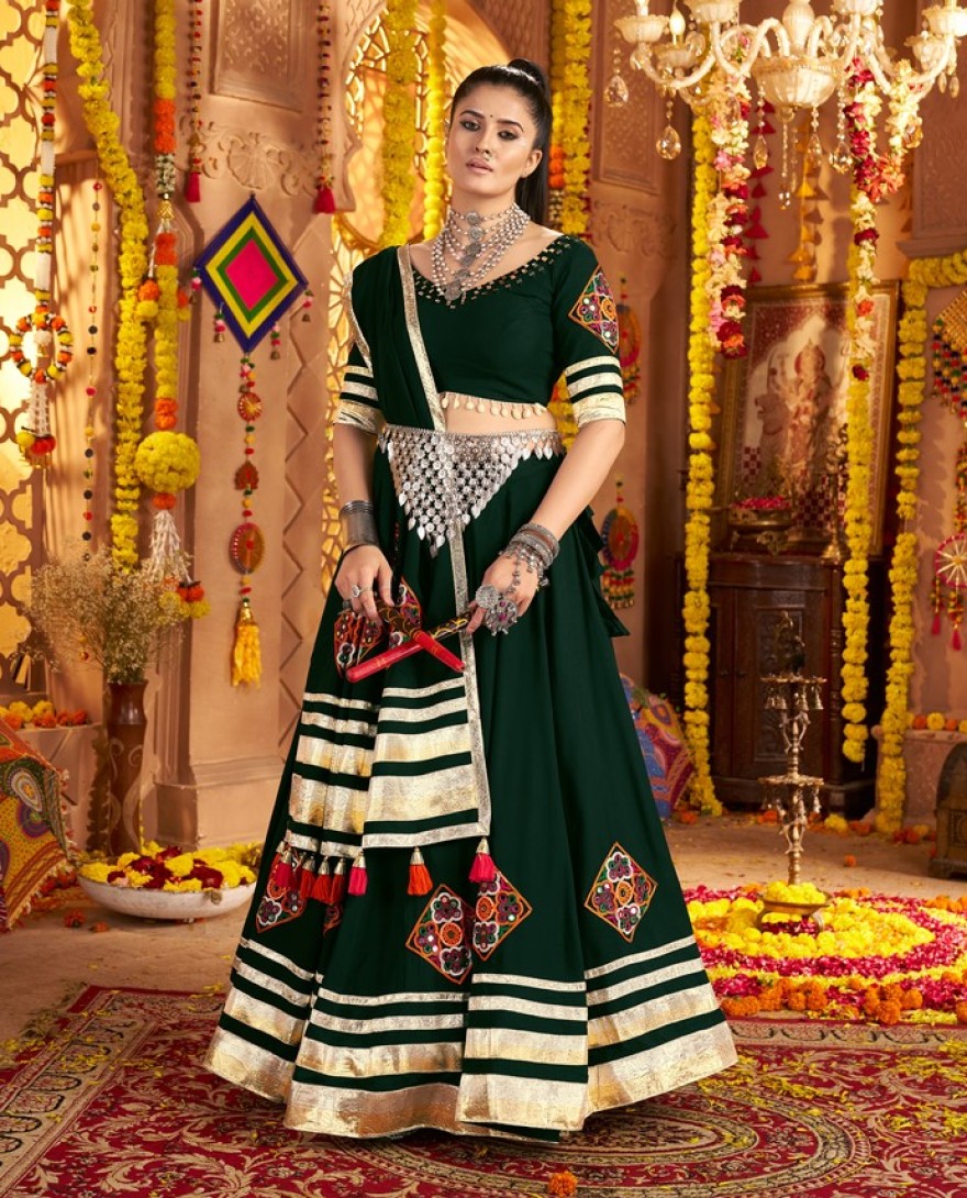11006 - Intricate Green Viscose Rayon Navratri Wear Lehenga Choli With Dupatta